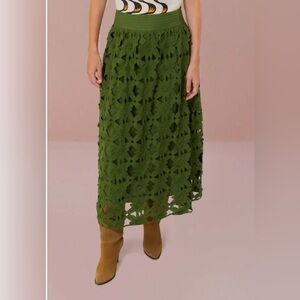 FARM Rio Olive Green Crochet Midi Skirt Size M NWT